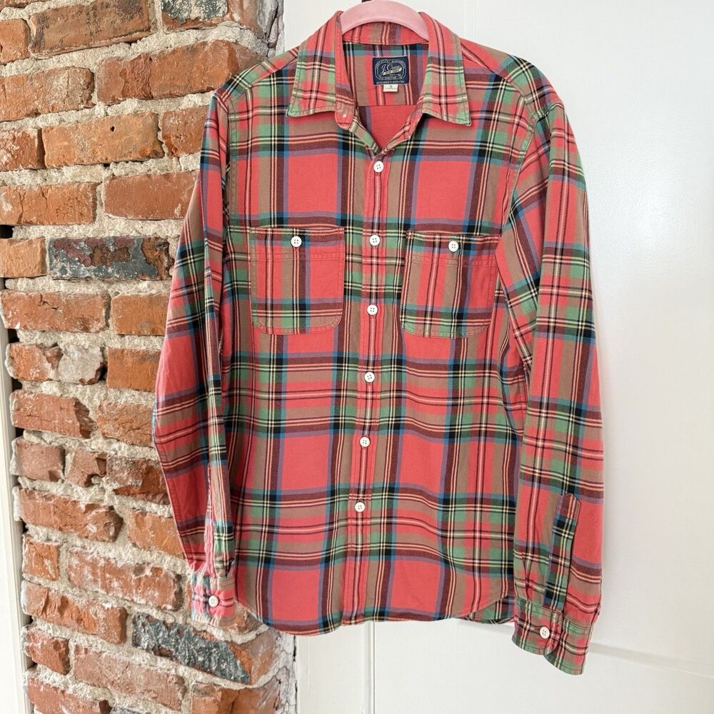 J.Crew Men’s Small Button-Down Tartan Flannel Shirt 100% Cotton Orange Plaid